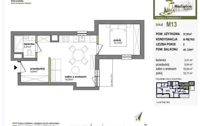 Rzut - Mieszkanie na sprzedaż 2 pokoje o powierzchni 37,97 m² - numer M13 w Międzylesie przy lesie