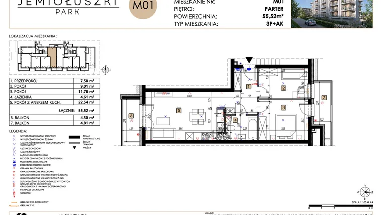 Rzut - Mieszkanie na sprzedaż 3 pokoje o powierzchni 55,52 m² - numer A2_M01 w Jemiołuszki Park etap 2