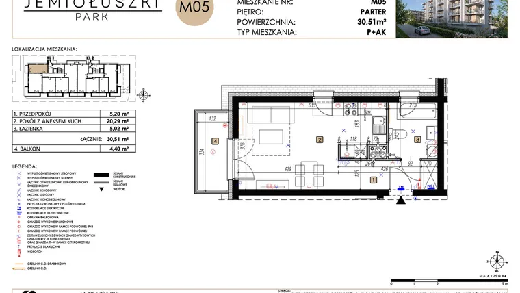 Rzut - Mieszkanie na sprzedaż 1 pokój o powierzchni 30,51 m² - numer A2_M05 w Jemiołuszki Park etap 2