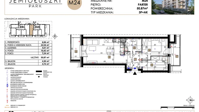 Rzut - Mieszkanie na sprzedaż 3 pokoje o powierzchni 50,87 m² - numer A2_M24 w Jemiołuszki Park etap 2