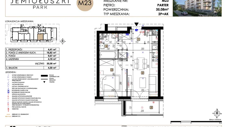 Rzut - Mieszkanie na sprzedaż 2 pokoje o powierzchni 35,08 m² - numer A2_M23 w Jemiołuszki Park etap 2