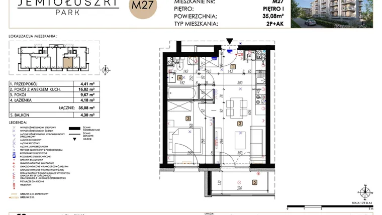 Rzut - Mieszkanie na sprzedaż 2 pokoje o powierzchni 35,08 m² - numer A2_M27 w Jemiołuszki Park etap 2