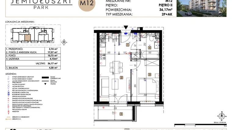 Rzut - Mieszkanie na sprzedaż 2 pokoje o powierzchni 36,17 m² - numer A2_M12 w Jemiołuszki Park etap 2