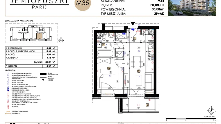 Rzut - Mieszkanie na sprzedaż 2 pokoje o powierzchni 35,08 m² - numer A2_M35 w Jemiołuszki Park etap 2