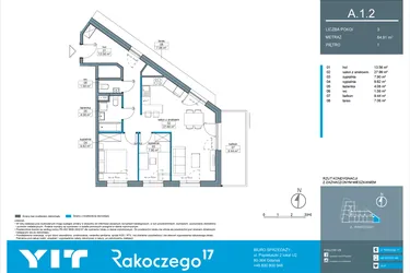 Rzut - Mieszkanie na sprzedaż 3 pokoje o powierzchni 64,91 m² - numer A.1.2 w Rakoczego 17