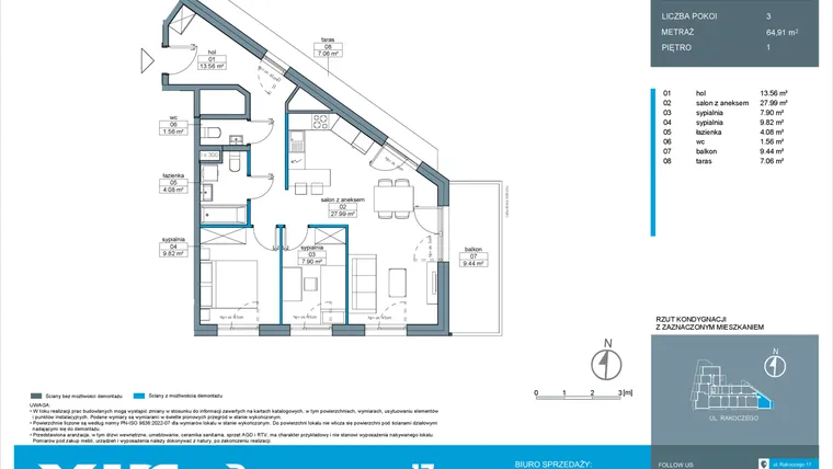 Rzut - Mieszkanie na sprzedaż 3 pokoje o powierzchni 64,91 m² - numer A.1.2 w Rakoczego 17
