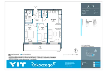 Rzut - Mieszkanie na sprzedaż 3 pokoje o powierzchni 58,71 m² - numer A.1.3 w Rakoczego 17