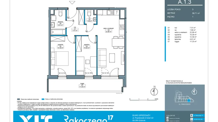 Rzut - Mieszkanie na sprzedaż 3 pokoje o powierzchni 58,71 m² - numer A.1.3 w Rakoczego 17