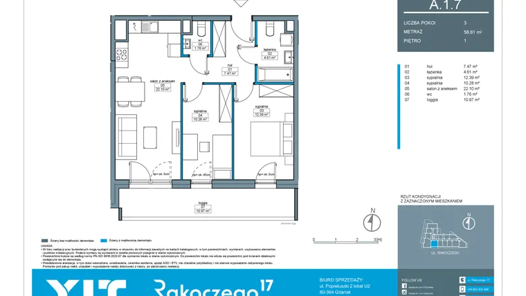Rzut - Mieszkanie na sprzedaż 3 pokoje o powierzchni 58,61 m² - numer A.1.7 w Rakoczego 17