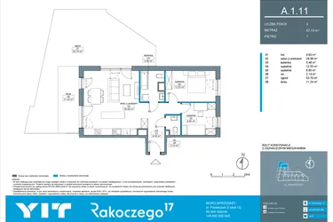 Rzut - Mieszkanie na sprzedaż 3 pokoje o powierzchni 67,15 m² - numer A.1.11 w Rakoczego 17