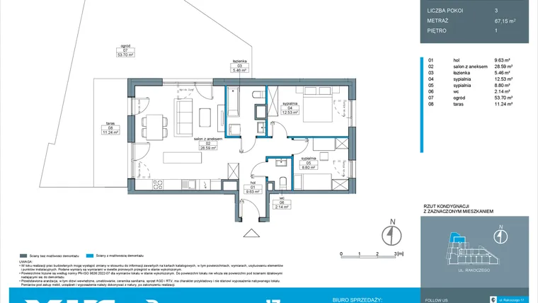 Rzut - Mieszkanie na sprzedaż 3 pokoje o powierzchni 67,15 m² - numer A.1.11 w Rakoczego 17