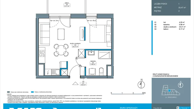 Rzut - Mieszkanie na sprzedaż 1 pokój o powierzchni 33,47 m² - numer A.2.1 w Rakoczego 17