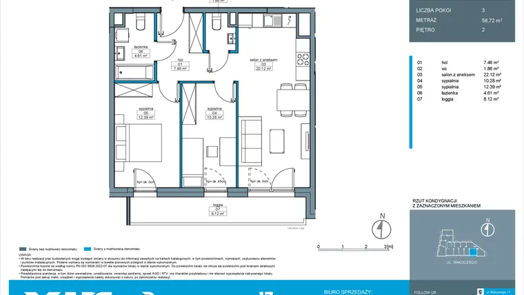 Rzut - Mieszkanie na sprzedaż 3 pokoje o powierzchni 58,72 m² - numer A.2.5 w Rakoczego 17