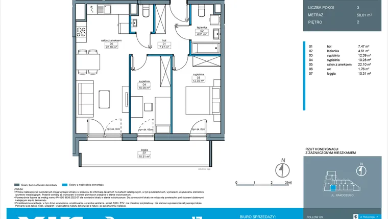 Rzut - Mieszkanie na sprzedaż 3 pokoje o powierzchni 58,61 m² - numer A.2.9 w Rakoczego 17