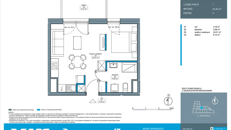 Rzut - Mieszkanie na sprzedaż 1 pokój o powierzchni 33,45 m² - numer A.3.1 w Rakoczego 17