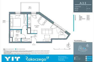 Rzut - Mieszkanie na sprzedaż 2 pokoje o powierzchni 43,11 m² - numer A.3.3 w Rakoczego 17
