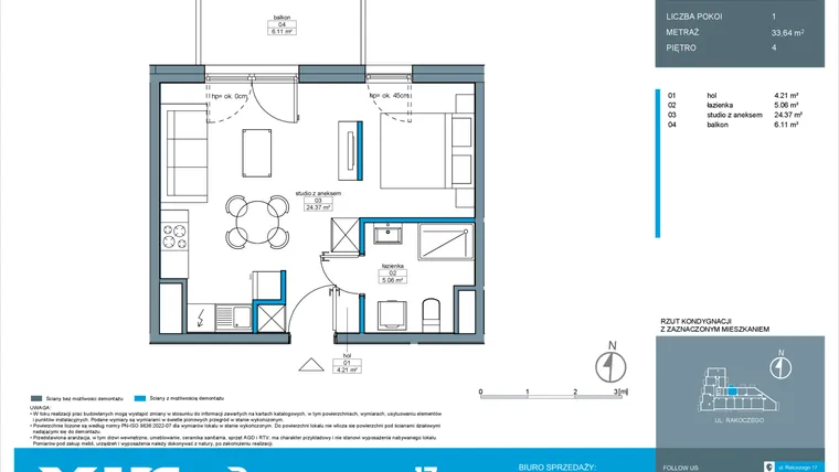 Rzut - Mieszkanie na sprzedaż 1 pokój o powierzchni 33,64 m² - numer A.4.1 w Rakoczego 17