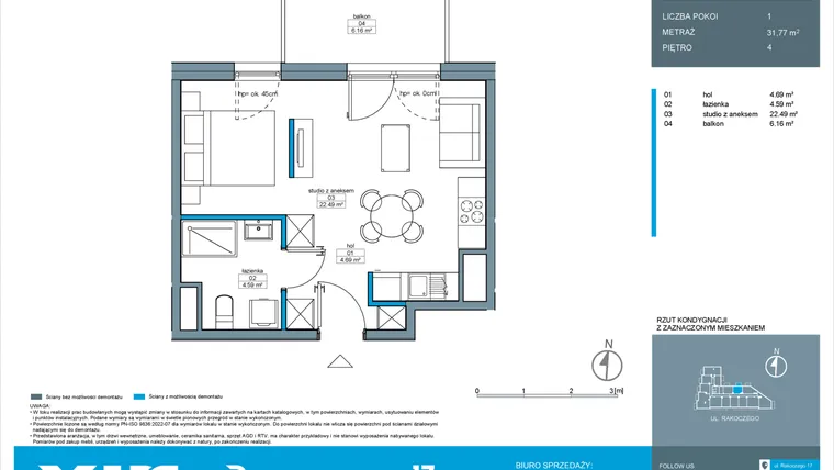 Rzut - Mieszkanie na sprzedaż 1 pokój o powierzchni 31,77 m² - numer A.4.2 w Rakoczego 17