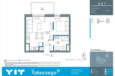 Rzut - Mieszkanie na sprzedaż 1 pokój o powierzchni 33,64 m² - numer A.5.1 w Rakoczego 17