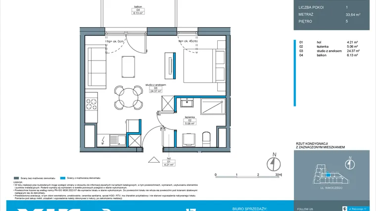 Rzut - Mieszkanie na sprzedaż 1 pokój o powierzchni 33,64 m² - numer A.5.1 w Rakoczego 17