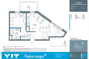 Rzut - Mieszkanie na sprzedaż 2 pokoje o powierzchni 43,35 m² - numer A.5.3 w Rakoczego 17