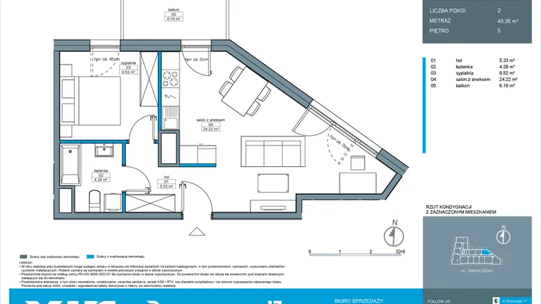 Rzut - Mieszkanie na sprzedaż 2 pokoje o powierzchni 43,35 m² - numer A.5.3 w Rakoczego 17