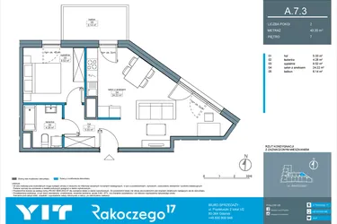 Rzut - Mieszkanie na sprzedaż 2 pokoje o powierzchni 43,35 m² - numer A.7.3 w Rakoczego 17