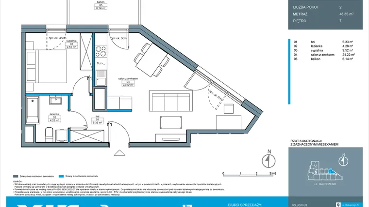 Rzut - Mieszkanie na sprzedaż 2 pokoje o powierzchni 43,35 m² - numer A.7.3 w Rakoczego 17