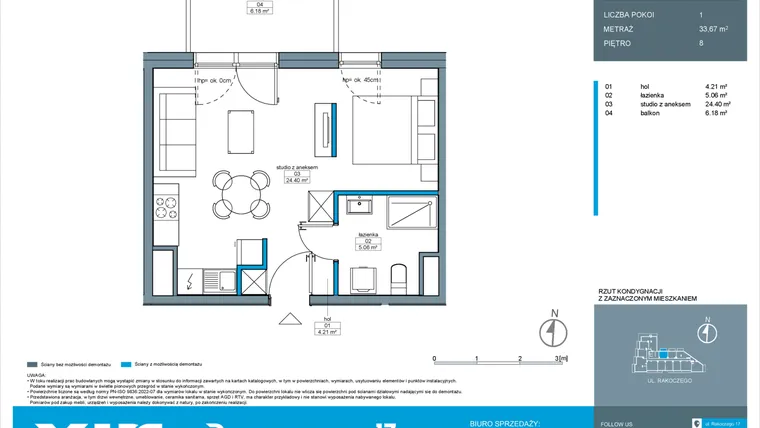 Rzut - Mieszkanie na sprzedaż 1 pokój o powierzchni 33,67 m² - numer A.8.1 w Rakoczego 17