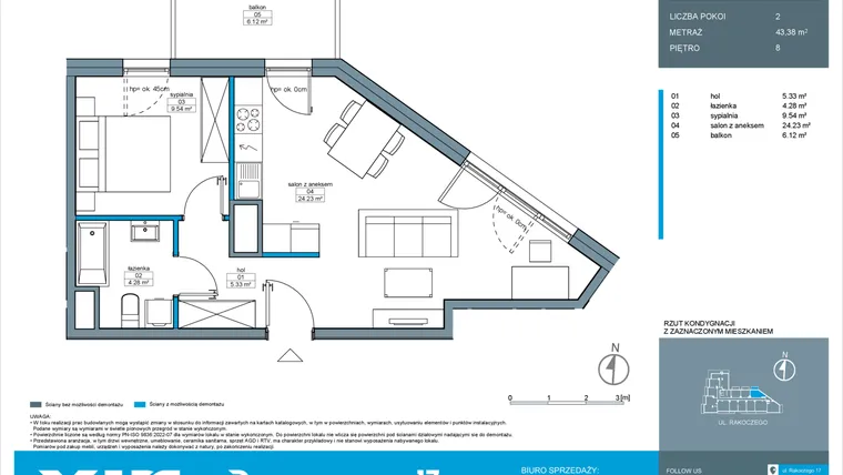 Rzut - Mieszkanie na sprzedaż 2 pokoje o powierzchni 43,38 m² - numer A.8.3 w Rakoczego 17