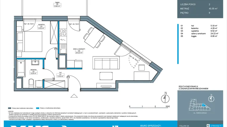 Rzut - Mieszkanie na sprzedaż 2 pokoje o powierzchni 43,35 m² - numer A.9.3 w Rakoczego 17