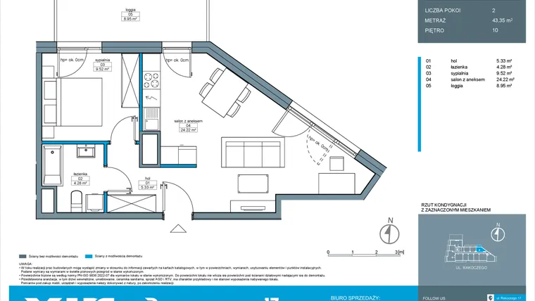 Rzut - Mieszkanie na sprzedaż 2 pokoje o powierzchni 43,35 m² - numer A.10.3 w Rakoczego 17