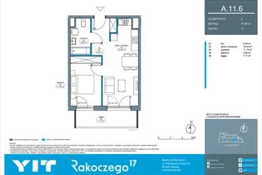 Rzut - Mieszkanie na sprzedaż 2 pokoje o powierzchni 41,06 m² - numer A.11.6 w Rakoczego 17