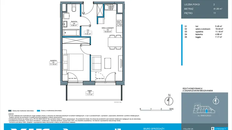 Rzut - Mieszkanie na sprzedaż 2 pokoje o powierzchni 41,06 m² - numer A.11.6 w Rakoczego 17