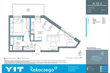 Rzut - Mieszkanie na sprzedaż 2 pokoje o powierzchni 43,35 m² - numer A.12.3 w Rakoczego 17