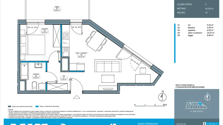 Rzut - Mieszkanie na sprzedaż 2 pokoje o powierzchni 43,35 m² - numer A.12.3 w Rakoczego 17
