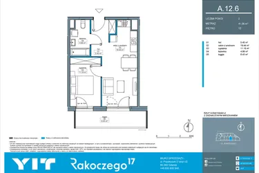 Rzut - Mieszkanie na sprzedaż 2 pokoje o powierzchni 41,06 m² - numer A.12.6 w Rakoczego 17
