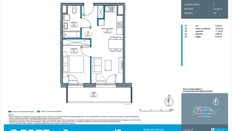 Rzut - Mieszkanie na sprzedaż 2 pokoje o powierzchni 41,06 m² - numer A.12.6 w Rakoczego 17