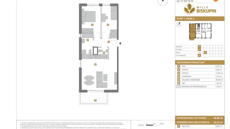 Rzut - Mieszkanie na sprzedaż 3 pokoje o powierzchni 60,89 m² - numer P9 w Wille Biskupin III