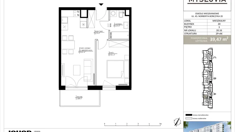 Rzut - Mieszkanie na sprzedaż 2 pokoje o powierzchni 39,47 m² - numer M.LM.20.16 w Myslovia