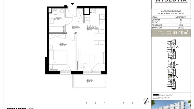 Rzut - Mieszkanie na sprzedaż 2 pokoje o powierzchni 39,48 m² - numer M.LM.20.42 w Myslovia