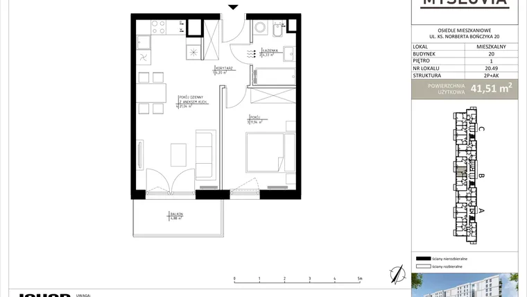 Rzut - Mieszkanie na sprzedaż 2 pokoje o powierzchni 41,51 m² - numer M.LM.20.49 w Myslovia