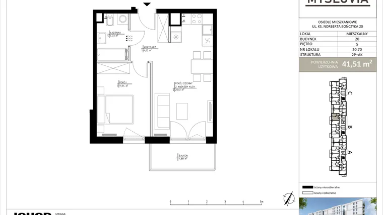 Rzut - Mieszkanie na sprzedaż 2 pokoje o powierzchni 41,51 m² - numer M.LM.20.70 w Myslovia