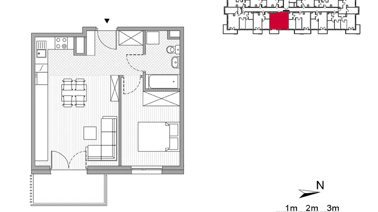 Rzut - Mieszkanie na sprzedaż 2 pokoje o powierzchni 42,21 m² - numer 18 w ul. Powstańców/os. Piastów bud. E i F