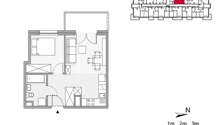 Rzut - Mieszkanie na sprzedaż 2 pokoje o powierzchni 34,77 m² - numer 36 w ul. Powstańców/os. Piastów bud. E i F