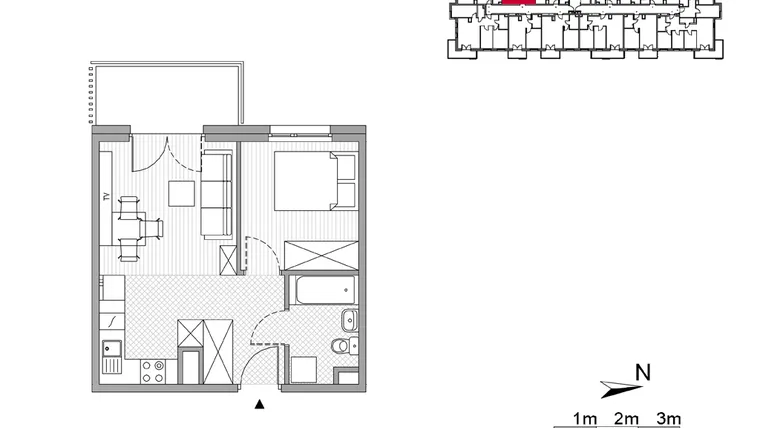 Rzut - Mieszkanie na sprzedaż 2 pokoje o powierzchni 33,69 m² - numer 46 w ul. Powstańców/os. Piastów bud. F
