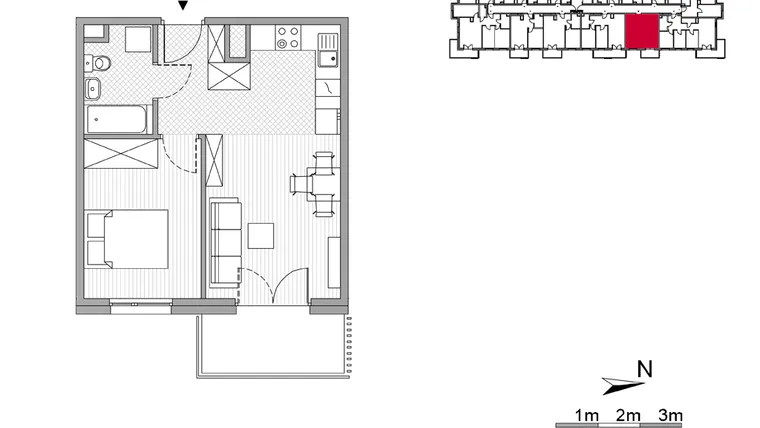 Rzut - Mieszkanie na sprzedaż 2 pokoje o powierzchni 37,66 m² - numer 52 w ul. Powstańców/os. Piastów bud. E i F