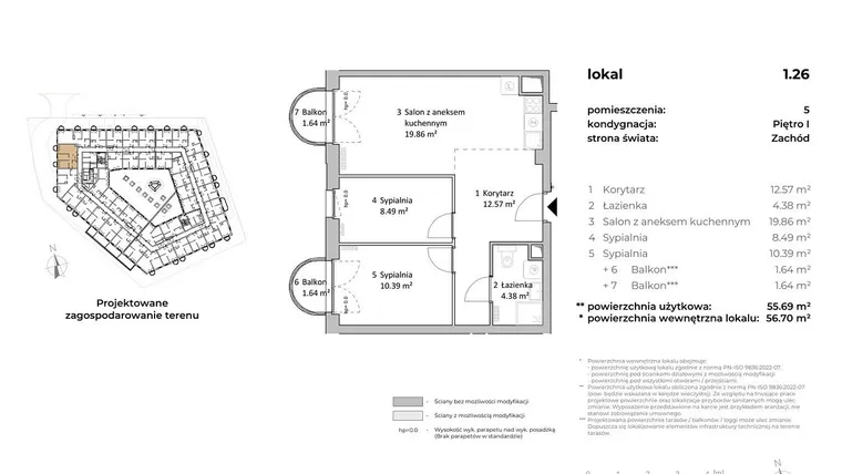 Rzut - Mieszkanie na sprzedaż 3 pokoje o powierzchni 55,24 m² - numer 1.26 w OVAL SKY