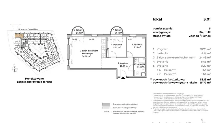 Rzut - Mieszkanie na sprzedaż 3 pokoje o powierzchni 55,19 m² - numer 3.01 w OVAL SKY