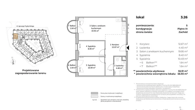 Rzut - Mieszkanie na sprzedaż 3 pokoje o powierzchni 55,91 m² - numer 3.26 w OVAL SKY